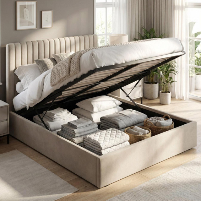FWStyle Sollom Beige Sand Double Upholstered Lift-Up Ottoman Bed Frame with Ribbed Headboard
