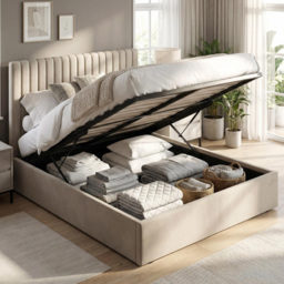 FWStyle Sollom Beige Sand Double Upholstered Lift-Up Ottoman Bed Frame with Ribbed Headboard