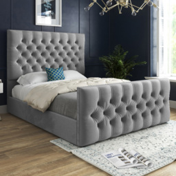 Novara Grey Small Single Velvet Upholstered Bed Frame with Pleated Chesterfield Headboard