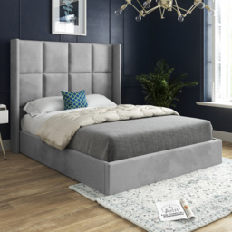 Quanta Small Double Grey Soft Velvet Upholstered Bed Frame with Straight Winged Headboard