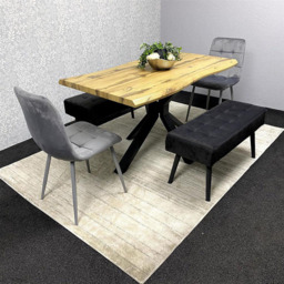 Portland 6 Seater Grey and Black Dining Table Set with Velvet Chairs and Wooden Benches - thumbnail 1