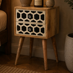 Artisan Furniture Brown and Black 2 Drawer Solid Wood Mini Bone Inlay Bedside Table