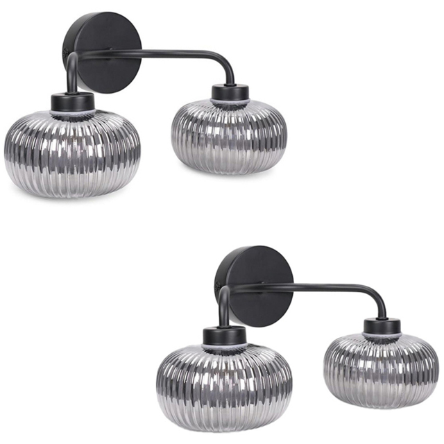 ValueLights Amaia Matt Black 2 Way Smoked Ribbed Glass LED Wall Light 2 Pack - image 1