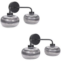 ValueLights Amaia Matt Black 2 Way Smoked Ribbed Glass LED Wall Light 2 Pack - thumbnail 1