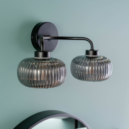 ValueLights Amaia Matt Black 2 Way Smoked Ribbed Glass LED Wall Light 2 Pack - thumbnail 2