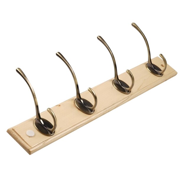 Oak and Antique Brass Oval 4 Hook Coat Rail