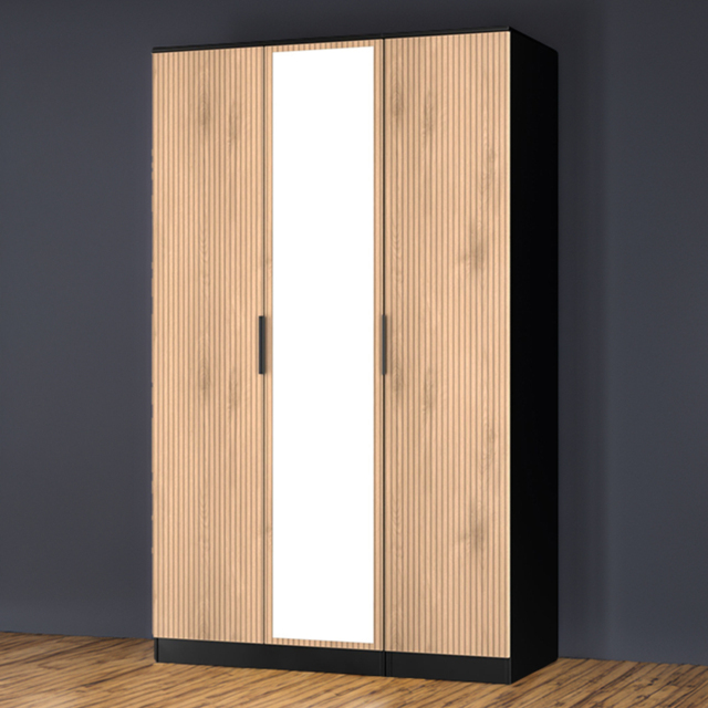 Crowndale Java Slatt Effect and Black 3 Door Triple Mirror Wardrobe - image 1