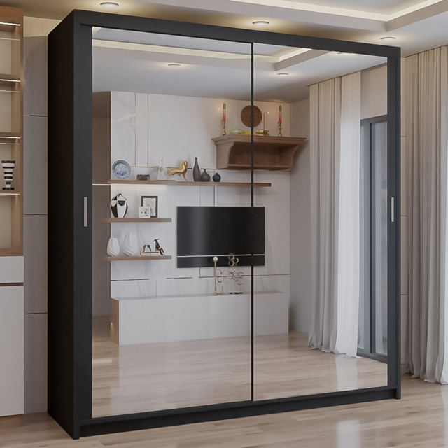 Sliding Wardrobes 4U Chicago Black 2 Door Mirror Wardrobe with Adjustable Shelves and Hanging Rails - image 1