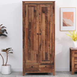 FurnitureHMD Industrial Style Natural 2 Door 2 Drawer Wooden Wardrobe