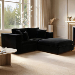 SOLACE+CO Asher Black 3 Seater Velvet Sofa with Footstool - thumbnail 1