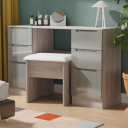 Crowndale Milan Grey Gloss and Grey Oak 6 Drawer Kneehole Desk Ready Assembled