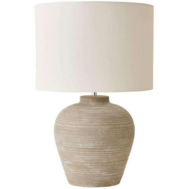 ValueLights Reid Linen Drum Shade Stone Grey Ribbed Ceramic Large Table Lamp - image 1