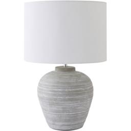 ValueLights Reid Linen Drum Shade Stone Grey Ribbed Ceramic Large Table Lamp