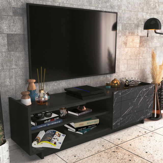 Decorotika Valantina Black and Marble Effect Single Door TV Unit - image 1