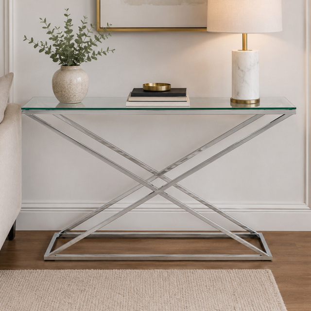 Premier Housewares Montril Glass Top Console Table with Stainless Steel Criss Cross Base - image 1