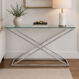 Premier Housewares Montril Glass Top Console Table with Stainless Steel Criss Cross Base - thumbnail 1