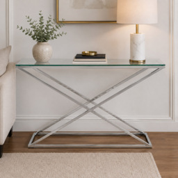 Premier Housewares Montril Glass Top Console Table with Stainless Steel Criss Cross Base - thumbnail 3