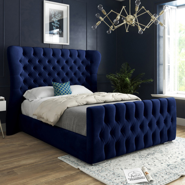Parma Small Single Blue Soft Velvet Upholstered Bed Frame with Curved Winged Headboard - image 1