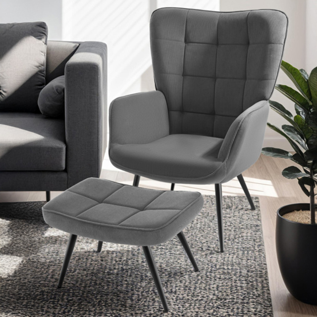 tectake Hygge Fine Cord Anthracite Ergonomic Backrest Armchair with Footstool - image 1