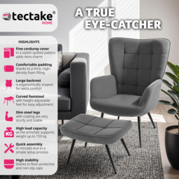 tectake Hygge Fine Cord Anthracite Ergonomic Backrest Armchair with Footstool - thumbnail 3