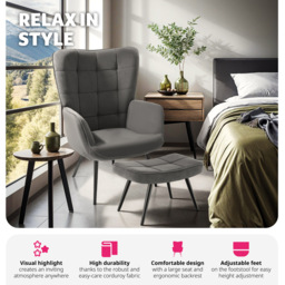 tectake Hygge Fine Cord Anthracite Ergonomic Backrest Armchair with Footstool - thumbnail 4