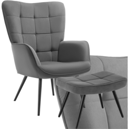 tectake Hygge Fine Cord Anthracite Ergonomic Backrest Armchair with Footstool - thumbnail 2