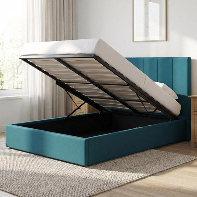 FWStyle Hoscar Dolphin Blue Double Upholstered Lift-Up Ottoman Bed Frame with Ribbed Headboard