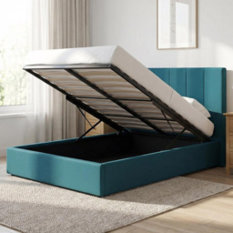 FWStyle Hoscar Dolphin Blue Double Upholstered Lift-Up Ottoman Bed Frame with Ribbed Headboard