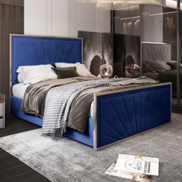 Roxy Single Blue Soft Velvet Upholstered Metal Bed Frame with Chevron Headboard