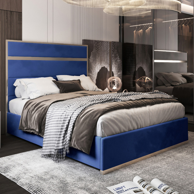 Bentley Blue King Size Velvet Upholstered Metal Bed Frame with Panelled Headboard - image 1