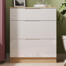 Crowndale Milan White Gloss and Bardolino Oak 3 Drawer Deep Chest of Drawers Ready Assembled