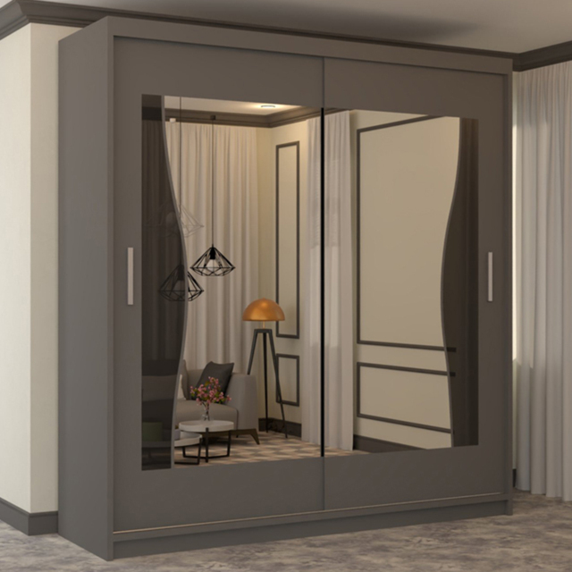 M N Furniture Banton 2 Door Grey Curved Mirrored Sliding Wardrobe 203cm - image 1