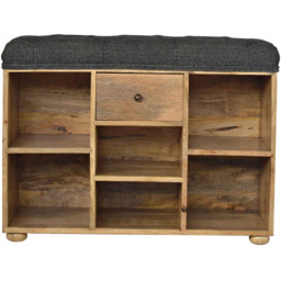 Artisan Furniture Black Tweed Upholstered Single Drawer 6 Shelf Mango Wood Bench - thumbnail 2