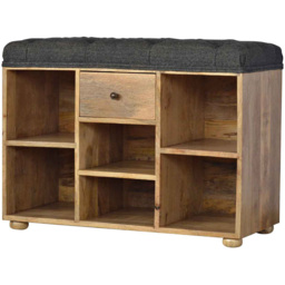 Artisan Furniture Black Tweed Upholstered Single Drawer 6 Shelf Mango Wood Bench - thumbnail 4
