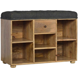 Artisan Furniture Black Tweed Upholstered Single Drawer 6 Shelf Mango Wood Bench - thumbnail 3