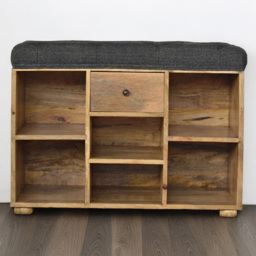 Artisan Furniture Black Tweed Upholstered Single Drawer 6 Shelf Mango Wood Bench