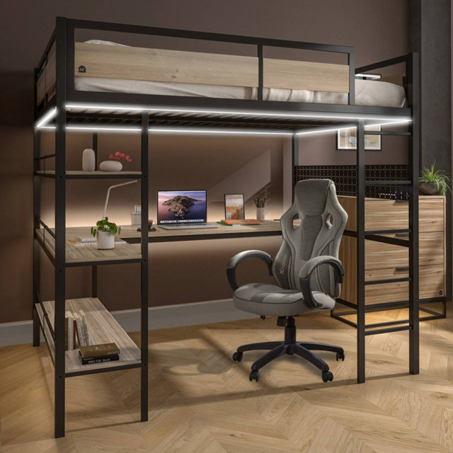 XR Living Denver Oak and Black Double High Sleeper with Storage and App Controlled LED Lights - image 1