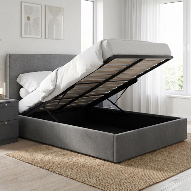 FWStyle Rufford Grey Fossil Double Front Lift Ottoman Bed Frame with Padded Headboard