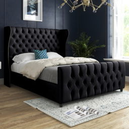 Donati Black Single Velvet Upholstered Bed Frame with Straight Curved Top Headboard