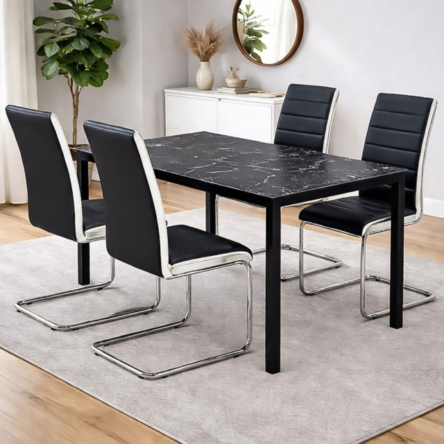 Portland Black and Chrome Faux Leather Marble Effect Tabletop 4 Seater Dining Set - image 1