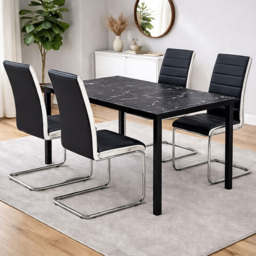 Portland Black and Chrome Faux Leather Marble Effect Tabletop 4 Seater Dining Set