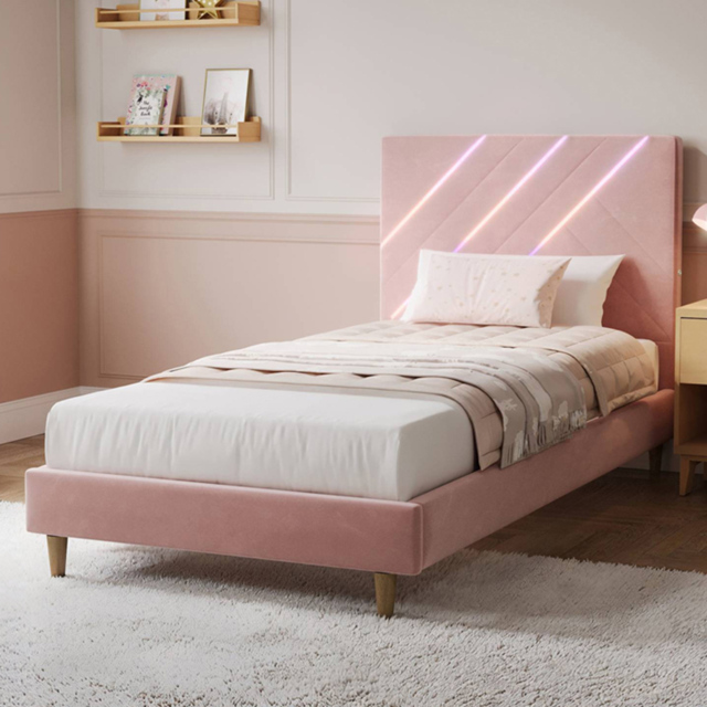XR Living Lily Pink Single Velvet Bed Frame with App Controlled RGB LED Light - image 1