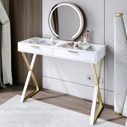 CARME Home Jess White and Gold 2 Drawer Maisie Touch Sensor LED Mirror Dressing Table - thumbnail 1