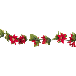 Sleigh Bells Ring Green Red and White Poinsettia Berry Christmas Garland 1.8m - thumbnail 2