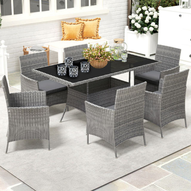 Outsunny Deluxe 6 Seater Rattan Wicker Dining Set with Tempered Glass Tabletop and Cushions Grey - image 1