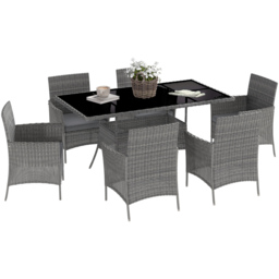 Outsunny Deluxe 6 Seater Rattan Wicker Dining Set with Tempered Glass Tabletop and Cushions Grey - thumbnail 2