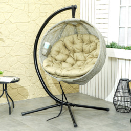 Outsunny Khaki Hanging Egg Chair with Folding Basket