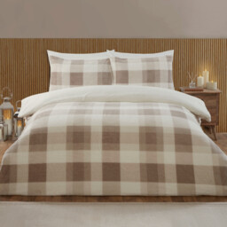 Natural Double Teddy Fleece Check Duvet Set - thumbnail 1