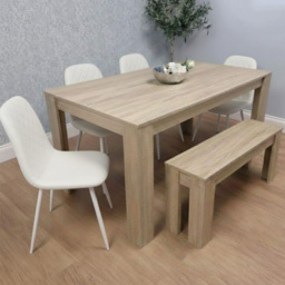 Kosy Koala 6 Seater Faux Leather Dining Bench Set Oak Effect and Cream