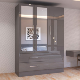 Sliding Wardrobes 4U Grey High Gloss 3 Door 2 Drawer Hinge Door Wardrobe 116cm